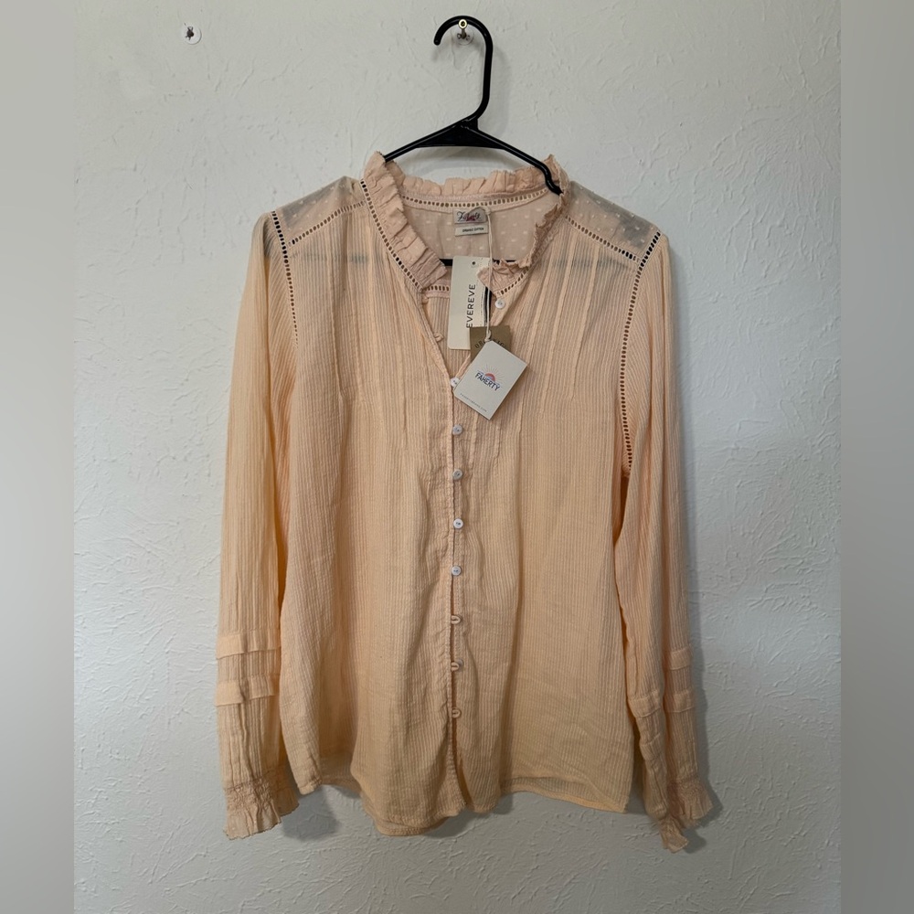 NWT FAHERTY Willa Long Sleeve Organic Cotton Ruffled Blouse Size M